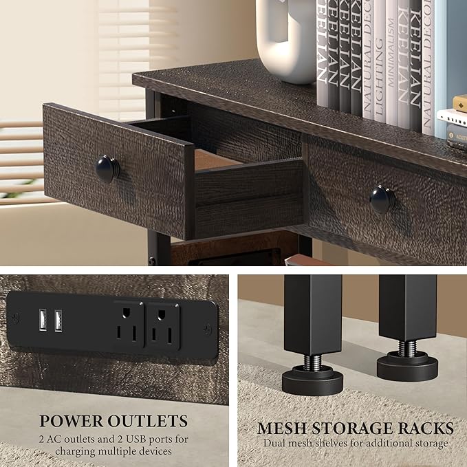 32" Entryway Table with Outlets: Console Table with Storage Shelves, USB Ports, LED Light Strip, and 2 Wood Drawers for Sofa, Living Room, Hallway, Foyer, Couch, and TV Stand