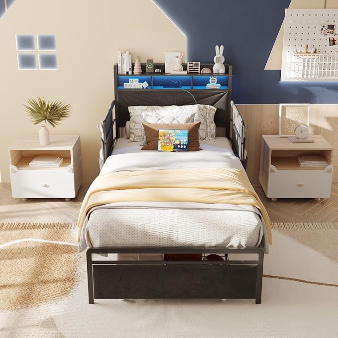 Maupvit Twin Bed Frame with Storage Headboard and Drawer,Upholstered Platform Bed Frame with LED Lights & Charging Station,Twin Size Bed with Guardrail,No Box Spring Needed,Grey