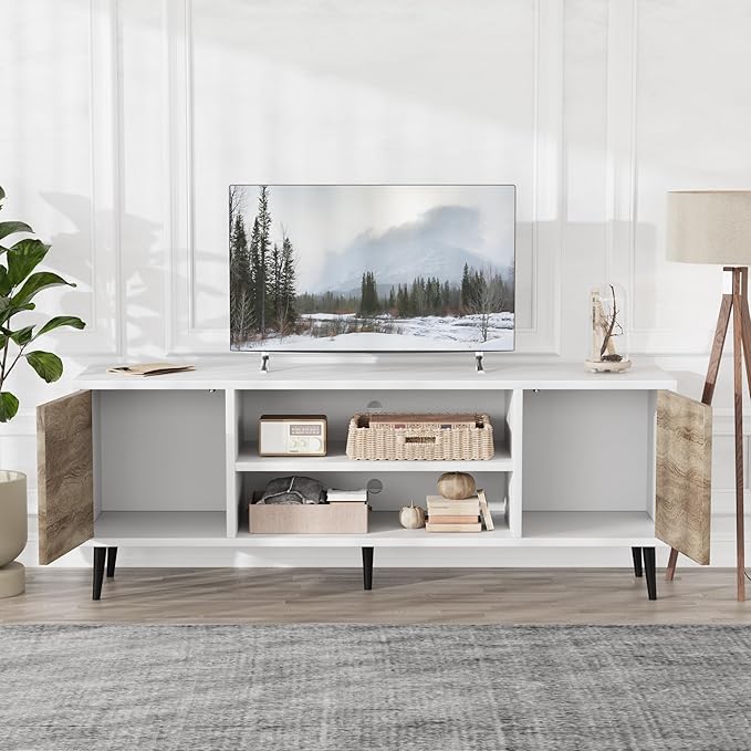 Flamaker TV Stand, 58 Inch Entertainment Center with 2 Doors and 2 Storage Cabinets for TV up to 65 inch, TV Console Table for Living Room, Bedroom, Office (White and Oak)