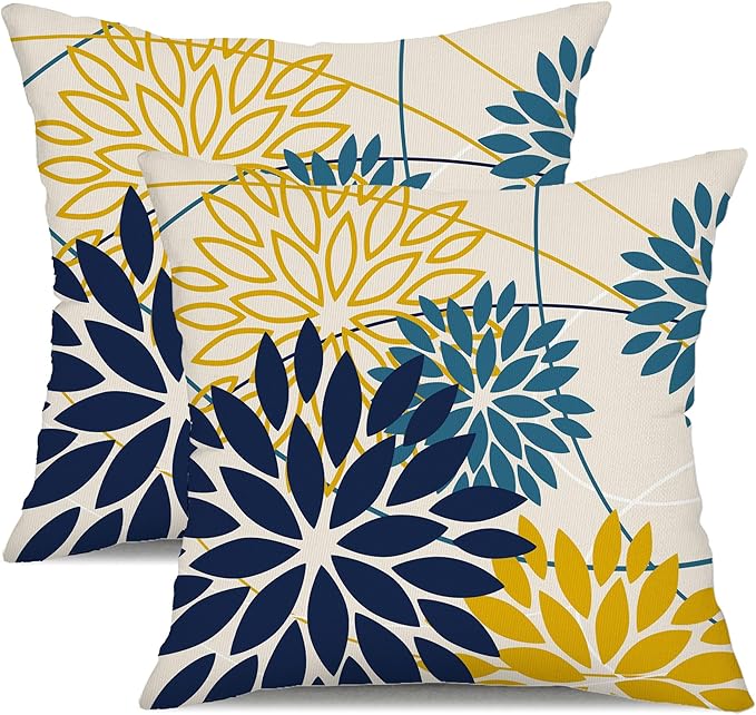 Blue Yellow Flower Pillow Covers 16x16 Inch Set of 2 Outdoor Throw Pillows Outdoor Waterproof Decor for Living Room Sofa Patio Funiture Garden Floral Polyester Pillow Covers 01P16