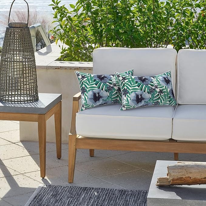 LVTXIII Outdoor Lumbar Pillow Covers 12"x20", Covers ONLY, 2 Pack 30x50cm Lumbar Cushion Cover with White Piping for Home Patio Garden Sofa Bench, Blue Salmone Tropical