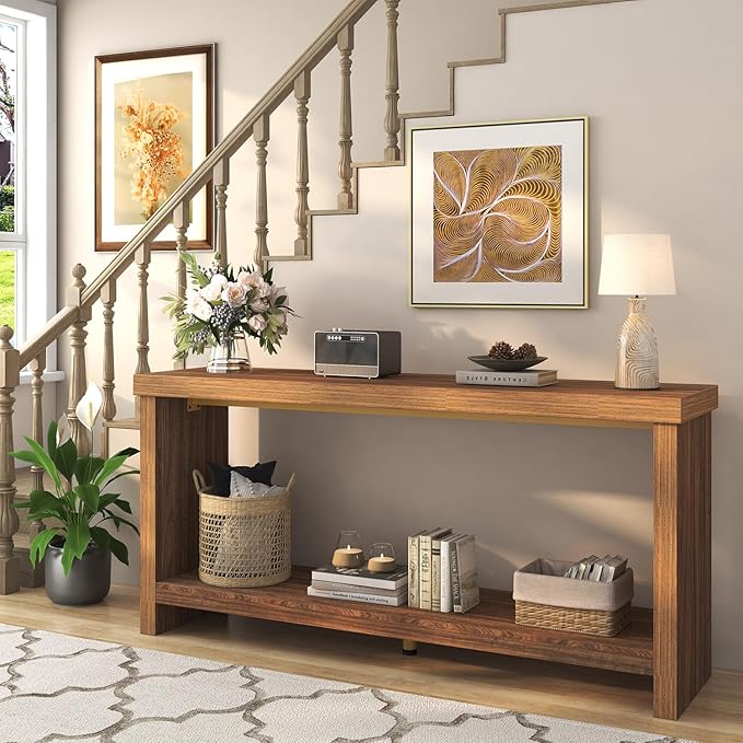 63 Inches Narrow Console Table, 2-Tier Long Sofa Tables Behind Couch Table, Farmhouse Foyer Tables for Entryway, Hallway, Living Room, Rustic Brown