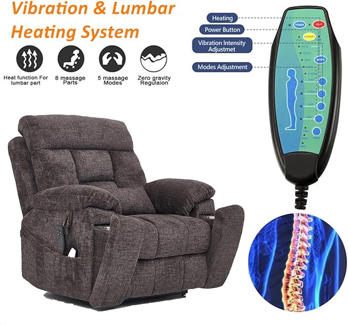 Power Lift Recliner Chair for Elderly, Oversized Lift Chair with Heat and Massage, 26in Extra Wide Recliner Chair for Big Man 400lbs, Hidden Cup Holder Lay Flat Recliner Chairs for Sleeping, Charcoal
