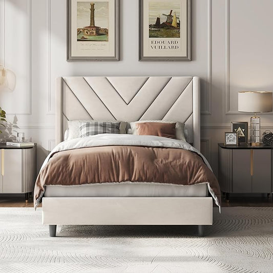 Yaheetech Twin Bed Frame Upholstered Platform Bed with Wing Side/Wooden Slat Support/Tufted Headboard with Wing Side/Mattress Foundation/No Box Spring Needed,Beige Twin Bed