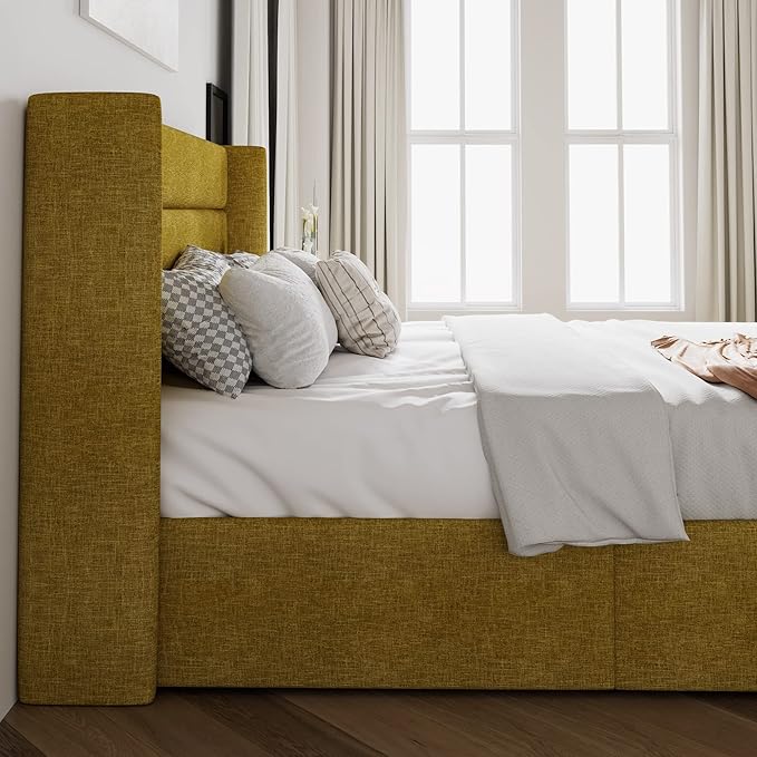 SHA CERLIN Full Size Lift Up Storage Bed/Modern Wingback Headboard/Upholstered Platform Bed Frame/Hydraulic Storage/No Box Spring Needed/Wood Slats Support/Olive Yellow