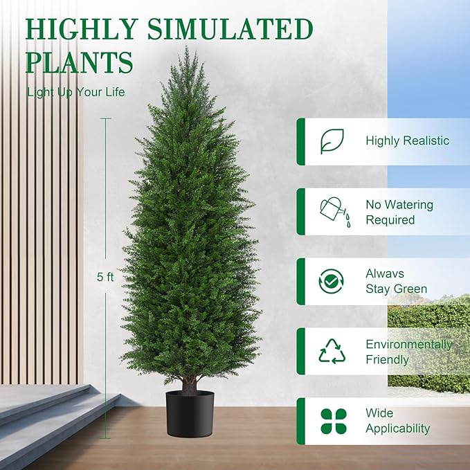 5FT Artificial Topiary Cedar Plants Outdoor, Faux Pine Trees UV Resistant and Potted, 72 Inch Tall Fake Shrubs Evergreen for Front Porch Decor Set of 2