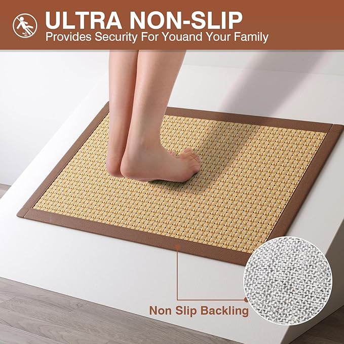 Non Slip Ultra Thin Bathroom Rugs Mat 20x32, Bath Mat for Bathroom Quick Dry Absorbent Bathroom Mat Floor Rubber Backed Fit Under Door, Woven Washable Bath Rugs, Brown
