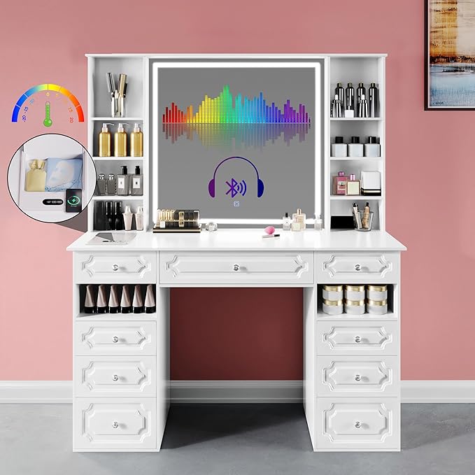 Vanity Desk with Mirror and Lights,Makeup Vanity Desk with Facial Mask Box, Dressing Table with Bluetooth Speaker, Makeup Vanity Set with Wireless Charger, 9 Drawers and 10 Shelves (White)