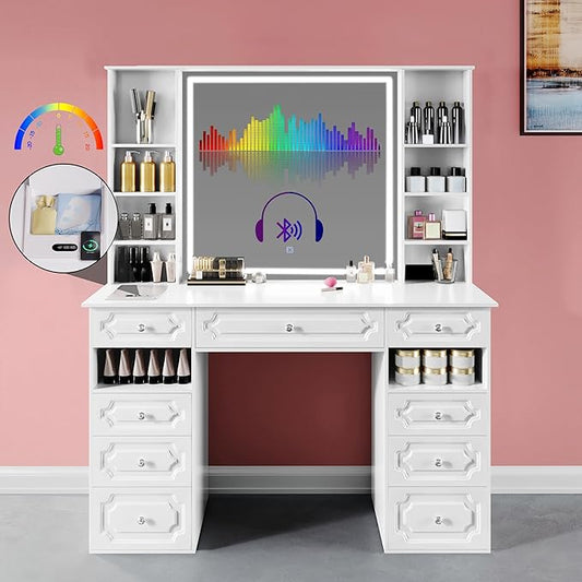 Vanity Desk with Mirror and Lights,Makeup Vanity Desk with Facial Mask Box, Dressing Table with Bluetooth Speaker, Makeup Vanity Set with Wireless Charger, 9 Drawers and 10 Shelves (White)