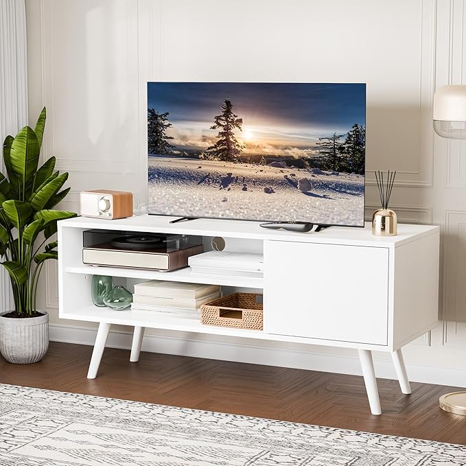 Cozy Castle TV Stand for 48 Inch TV, Mid Century Modern Entertainment Center with Storage Cabinet, TV Media Console with Charging Station for Living Room, Bedroom, White
