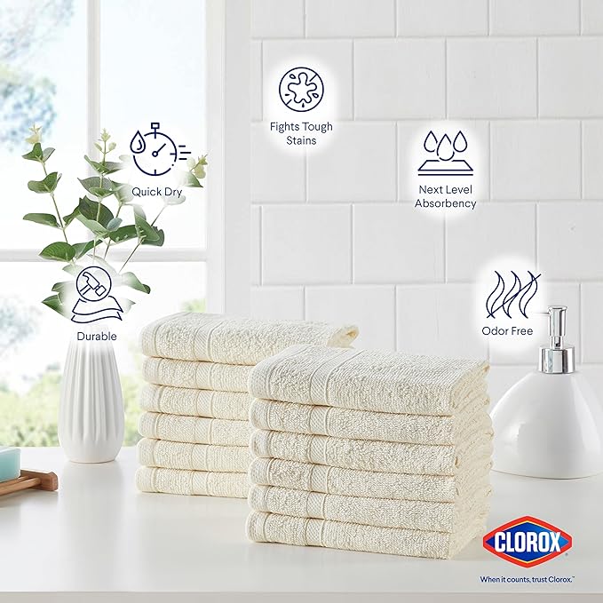 CLOROX Bleach Friendly, Quick Dry, 100% Cotton Washcloths (12" x 12"), Highly Absorbent Soft Lightweight, Ideal for Everyday Use, Easy to Wash (12 Pack, Ivory)