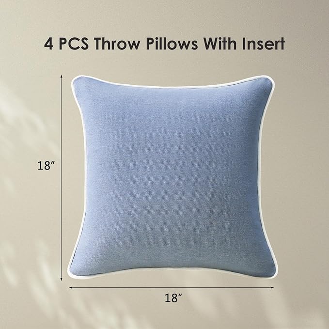 Decorative Outdoor Water Repellent Throw Pillows with Inserts, Set of 4, 18" x18" Pillows for Patio, Backyard, Bed, Couch, and Patio Furniture, Powder Blue
