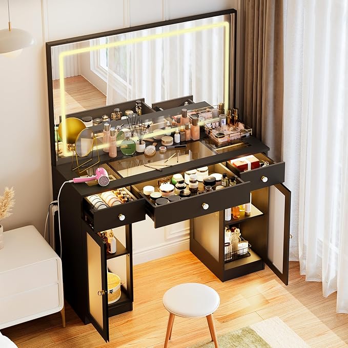 Pamapic Makeup Vanity with Lighted Mirror, Glass Top Vanity Desk with Power Outlet, 3-Drawer Black Vanity Table with 3 Color Modes Adjustment, Makeup Desk