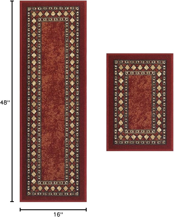 Antep Rugs Alfombras Modern Bordered 2pc Non-Skid (Non-Slip) Low Profile Pile Rubber Backing Indoor Kitchen Runner Rugs (Maroon Beige, 2pc Set)