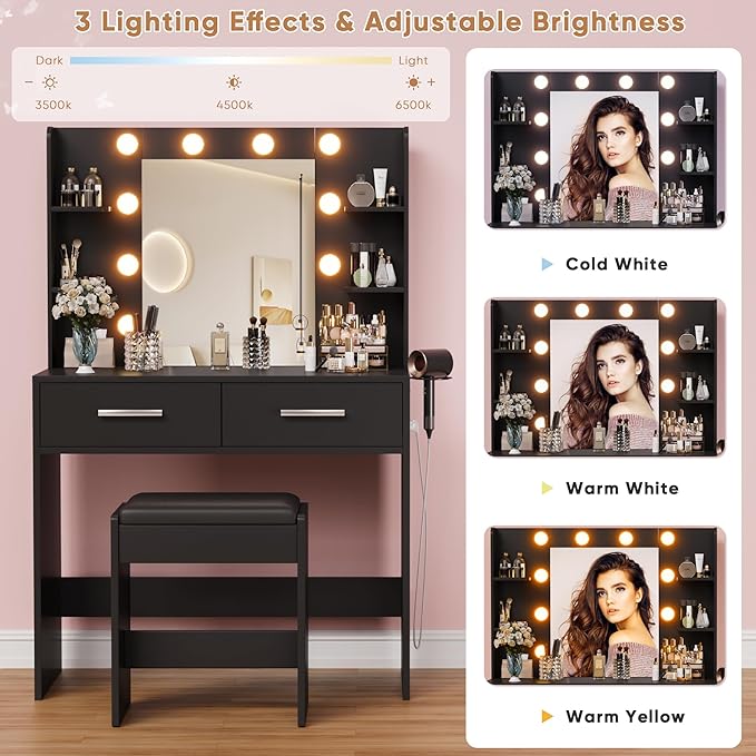 YESHOMY Vanity Desk with Mirror, Makeup Table with 2 Large Drawers, Power Outlet and Round Holder, 3 Color Modes Adjustable Bulb, Pure Black