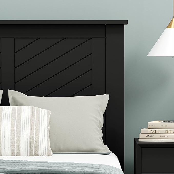 Serene Poplar Wood Twin Headboard, Modern Farmhouse Panel with Chevron Scoring, Twin Size Headboard in Black, Casual Coastal Style, Easy Assembly, Quality Materials