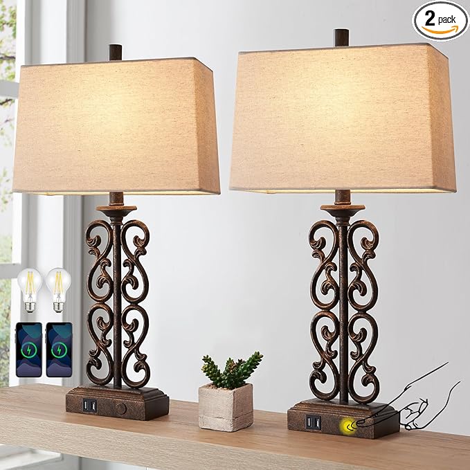 25" Set of 2 Farmhouse Resin Touch Table Lamps for Living Room, 3 Way Dimmable with Dual USB Ports Vintage Rustic Bedside Desk Lamp, for Bedroom End Table, 2 LED Bulbs Included