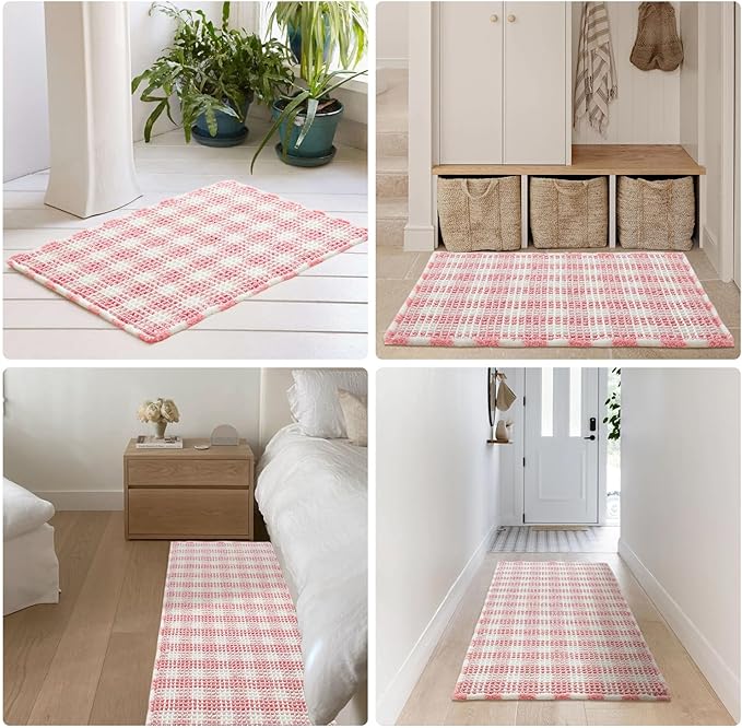 Waffle Bath Mat, Boho Bathroom Rugs Non Slip Washable Absorbent Checkered Bathroom Mat Quick Dry Cute Bath Mat, 30"x20" Pink and White