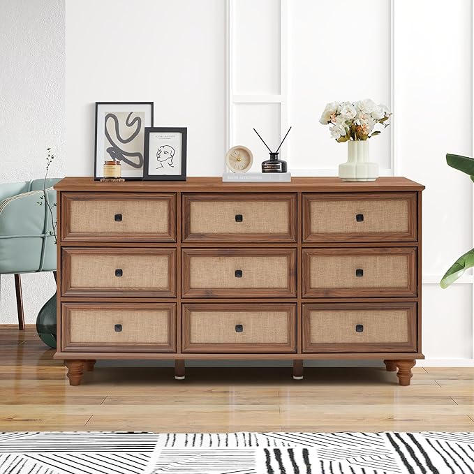 9 Drawer Dresser for Bedroom, Mid Century Modern Wide Wood Rustic Chest of Drawers Wooden Storage Organizer Dressers with Burlap Rattan Drawers for Living Room, Hallway Closet, Entryway, Walnut