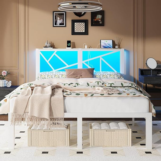 Queen White Metal Bed Frame with USB Charging Station, LED Ambient Lighting, and Wooden Storage Headboard - Includes Under-Bed Storage, No Box Spring Needed, Noise Free, Easy to Assemble