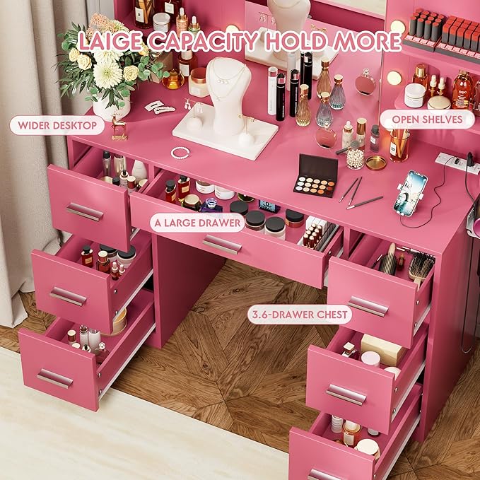 VICTONE Vanity Desk with LED Lighted Mirror&Power Outlet, 3 Model Lights Makeup Vanity Table with 7 Drawers and 6 Storage Shelves for Bedroom and Dressing Room (Dark Pink)