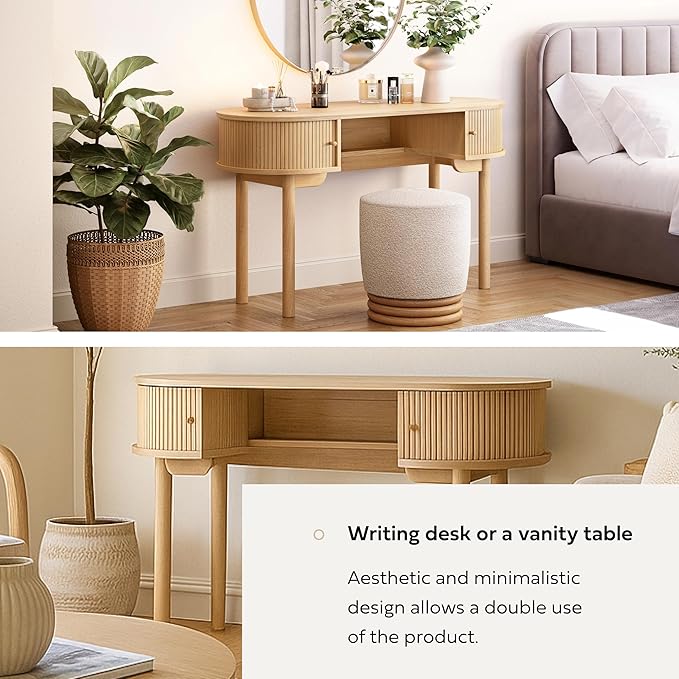 WERMO 51'' Small Wood Writing Desk and Makeup Vanity Desk with Storage and Sliding Doors - Narrow Computer and Work Table for Home Office, Modern Vanity, Oak Dressing Table for Bedroom (Oak)