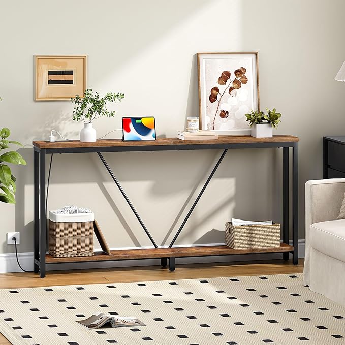 HOOBRO 63" Console Table with Charging Station, 2-Tier Extra Long Sofa Table with V-Brace, for Narrow Space, Entryway Table for Entryway, Hallway, Living Room, Rustic Brown BF166UXG01