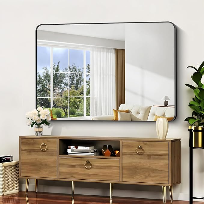 Bathroom Mirror, 48x36 inch Black Rectangle Wall Mirror, Metal Frame Rounded Corner Vanity Mirror, Large Wall Mounted Mirror for Over Sink Bedroom Living Room Horizontal Or Vertical Mounting