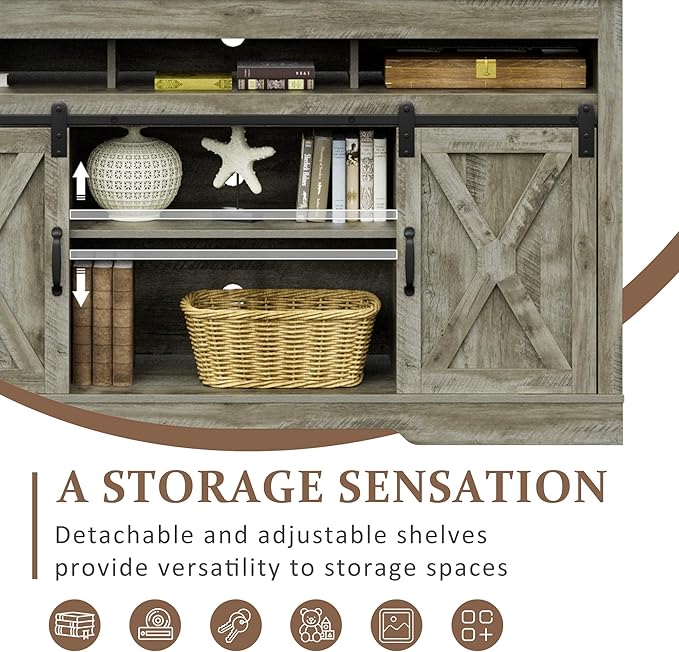 Farmhouse TV Stand for 65+ Inch TV, 34'' Tall Entertainment Center with Sliding Barn Doors, Rustic Wood Media Console Storage Cabinet Television Stand for Living Room, Bedroom Light Grey