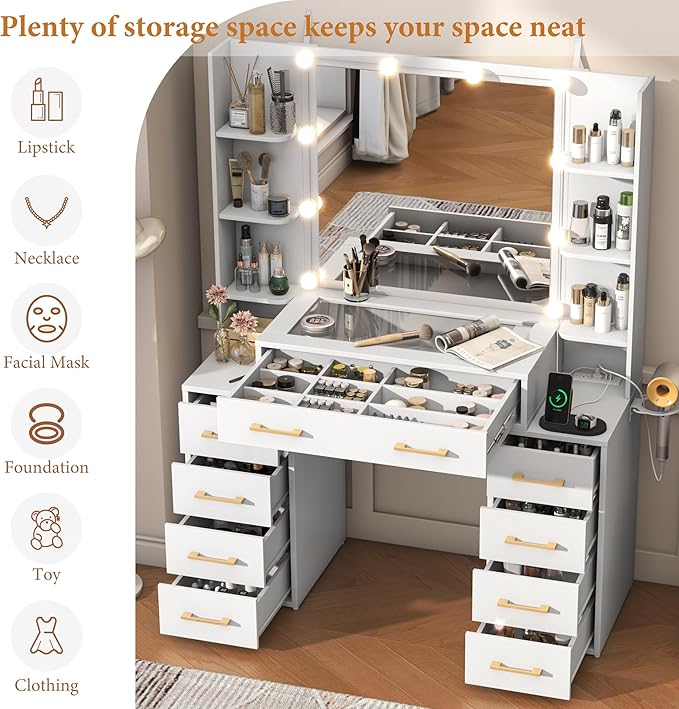 Glass Top Vanity Desk with Mirror and Lights, Large Vanity Makeup Mirror Desk with Charging Station Compartment Storage Drawers, Modern Makeup Vanity with 9 Drawers 6 Shelves, White