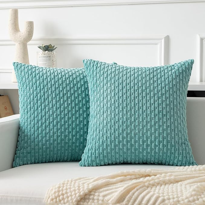 Kevin Textile Throw Pillow Covers Soft Corduroy Decorative Set of 2 Boho Striped Pillow Covers Pillowcases Farmhouse Home Decor for Couch Bed Sofa Living Room 20x20 Inch Aqua Green