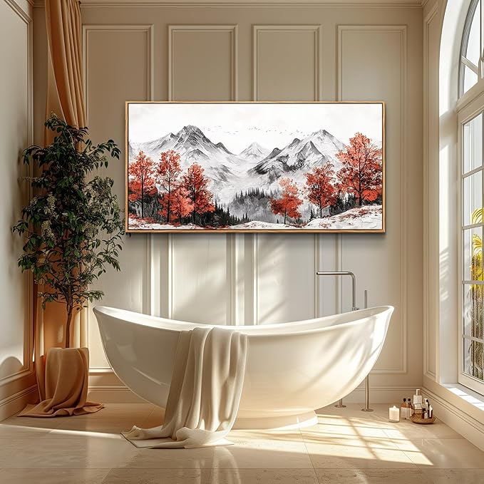 PHAOHUAXM Canvas Wall Art For Living Room Large Wall Decor For Bedroom Red Tree Ink-Wash Mountain Landscape Painting Wall Pictures Office Modern Restaurant Room Home Decoration Wood Framed 20"X40"