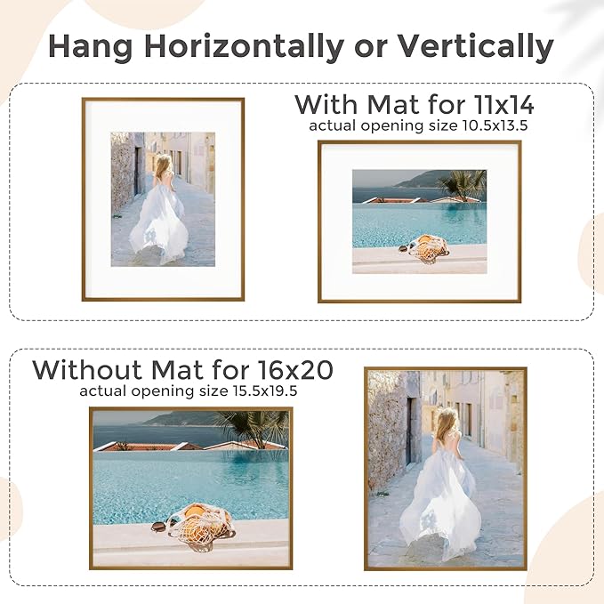 16x20 Metal Picture Frame For Wall With Mat For 11x14, 16''x20'' Aluminum Photo Frames With Tempered Glass For Home Decor, Minimalist Modern Poster Frame Horizontal And Vertical Formats, Bronze