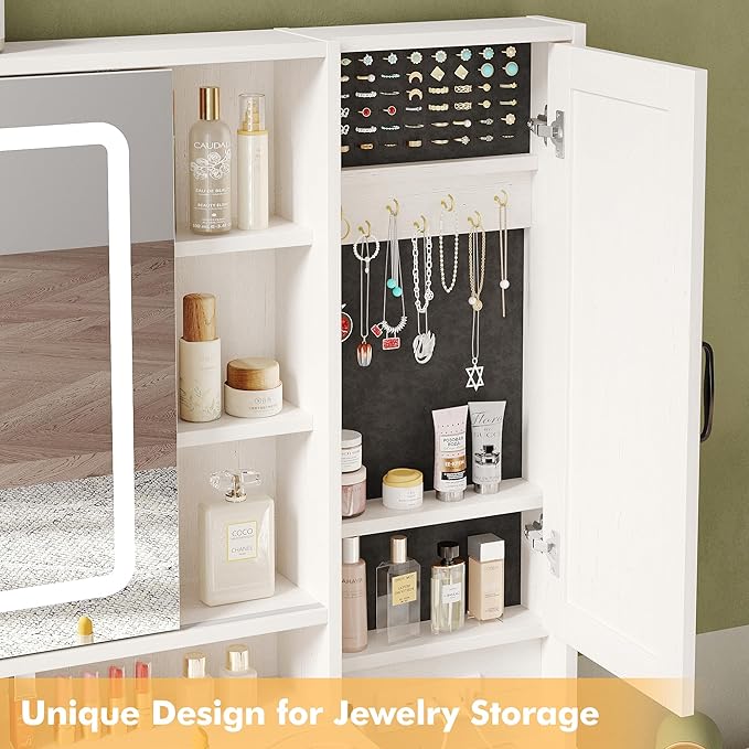 Vabches Makeup Vanity Desk with Mirror and Lights, Farmhouse Vanity Mirror with Lights Desk and Chair, White Vanity Table with Charging Station and Storage, Dressing Table Set for Bedroom Room