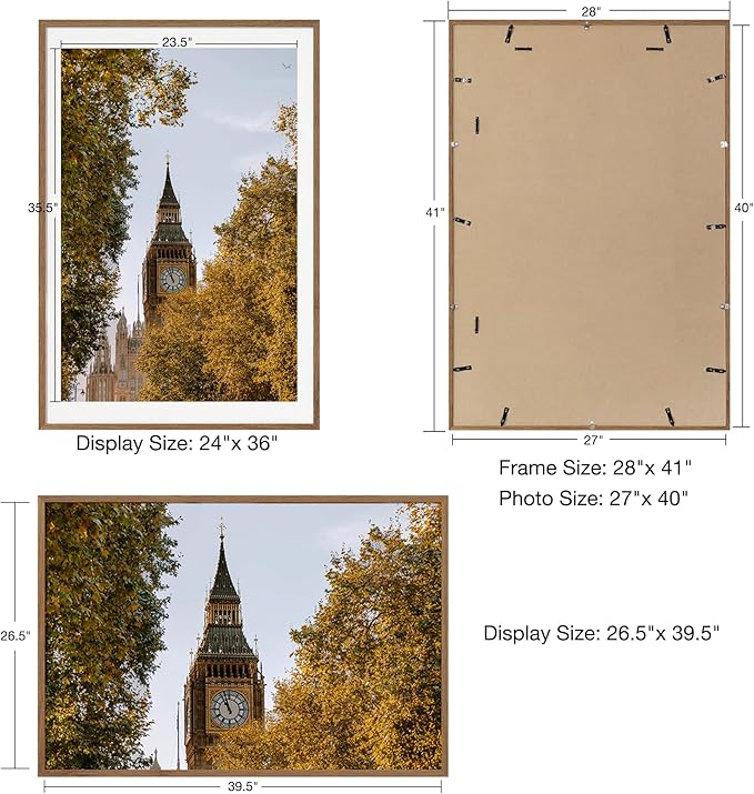 Axeman 27x40 Picture Frame with Mat for 24x36, Solid Oak Wood Poster Frame with Tempered Glass for Home Decor, Wooden 27''x40'' Minimalist Photo Frame Movie Poster Frame with Wall Hooks, Walnut