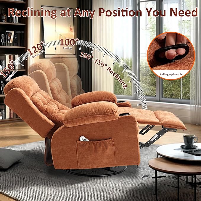 Overstuffed Rocker Recliner Chair with Massage and Heat, Mid Century Ergonomic Rocking Swivel Recliners Lounge Chair for Living Room, Manual Recliner Sofa Chairs with 2 Cup Holders, USB