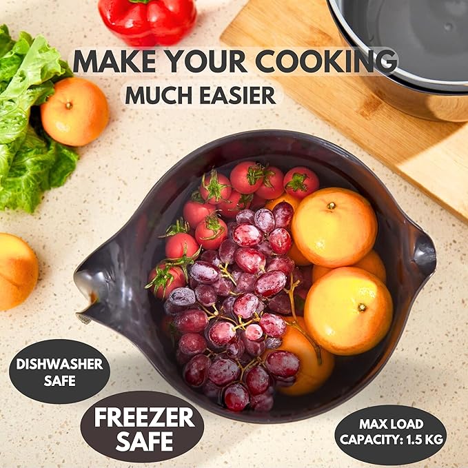 2 Pcs Large Mixing Bowls with Handles, 3.6 qt - Plastic Nesting Bowls for Kitchen, Lightweight Batter Bowls, Easy to Clean, Black & Gray