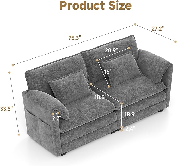 Real Relax 75.3'' Modular Sectional Sofa, Loveseat Chenille Convertible Couch with 4 Pillows and 2 Armrest Pillows for Living Room, Office and Leisure Places, Dark Gray