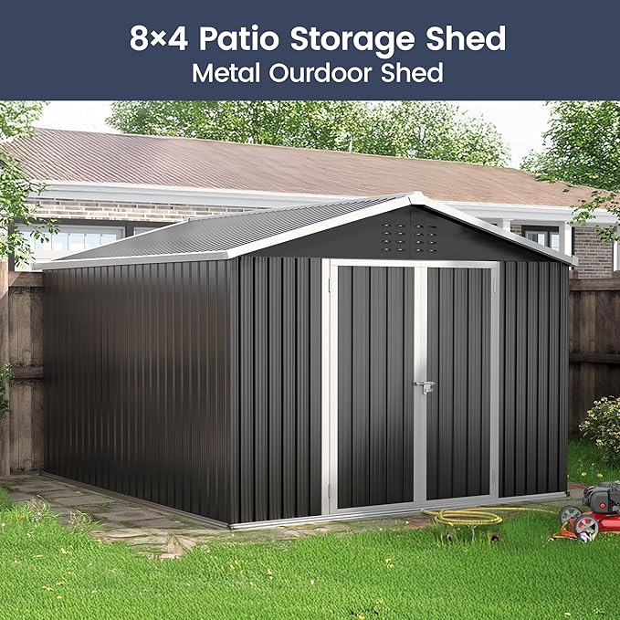 UDPATIO Outdoor Storage Shed 10x12 FT, Outside Sheds & Outdoor Storage Metal Galvanized Steel Yard, Patio, Lawn, Tool Shed with Lockable Door for Can, Bike, Lawnmower, Generator,Dark Grey