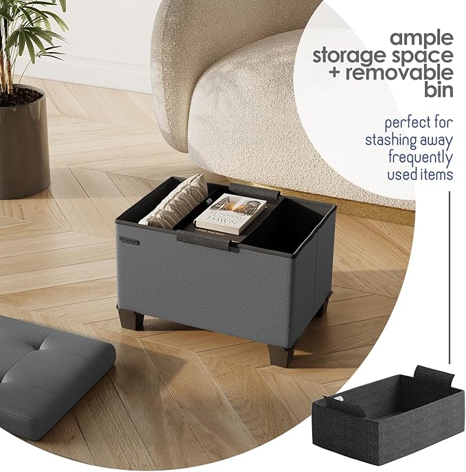STORAGEBUD Storage Ottoman Cube with Small Bin, 16-in Square Ottoman with Storage for Living Room and Bedroom, Small Ottomans Foot Rest, Faux Leather Foot Stools Ottomans Max 330lbs, Grey