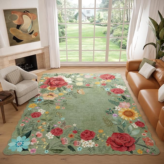 8'x10' Washable Rugs for Living Room, Soft Lightweight Non Slip Stain Resistant Dining Room Vintage Boho Floral Green Rug Easy Clean Throw Carpet for Bedroom