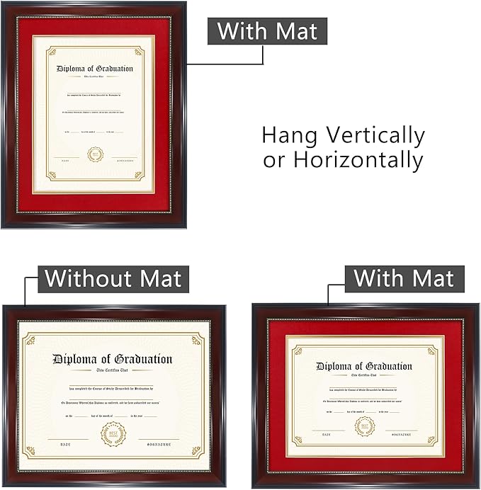 GraduatePro 8.5x11 Diploma Frame with Red Over Gold Mat or Display 11x14 Document Without Mat, CPA License Frame, UV Protection Acrylic, Mahogany with Gold Beads