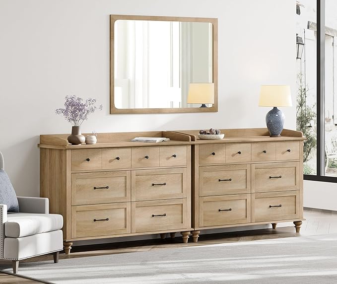 WAMPAT 12 Drawers Dresser for Bedroom, Set of 2 Farmhouse Dressers with 6 Drawers, Light Wood Kids Dresser for Closet, Wide Dressers Organizer for Living Room & Hallway, Oak