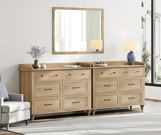 WAMPAT 12 Drawers Dresser for Bedroom, Set of 2 Farmhouse Dressers with 6 Drawers, Light Wood Kids Dresser for Closet, Wide Dressers Organizer for Living Room & Hallway, Oak