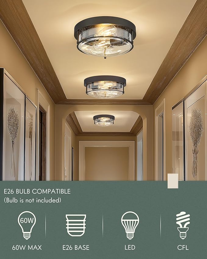 12-Inch Flush Mount Ceiling Light, Modern Farmhouse Style with Bubble Glass Shade, Oil Rubbed Bronze Finish, Ideal for Living Room, Bedroom, or Dining Room – Model CKCL4822-2W-SGORB