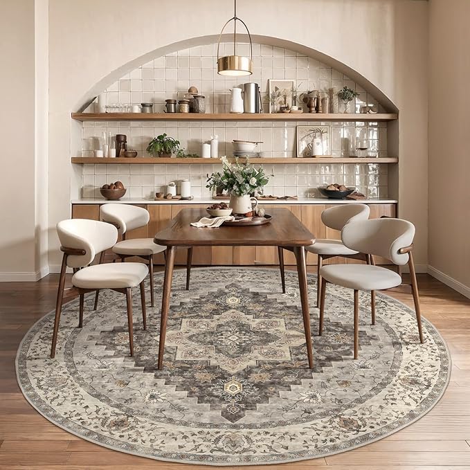 Tangsoo Vintage Round Rug 6ft, Washable Circle Rug, Non Slip Boho Round Area Rug,Low Pile Circular Rugs,Large Round Rugs Carpet for Livingroom,Bedroom,Nursery,Dorm,Office,Brown/Grey