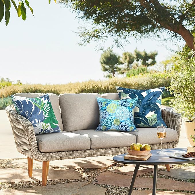 Outdoor Throw Pillows 16x16 Inch, Water Repellent Patio Pillows with Inners Set of 2, Outdoor Pillows for Patio Furniture Home Garden, Swaying Palms Blue