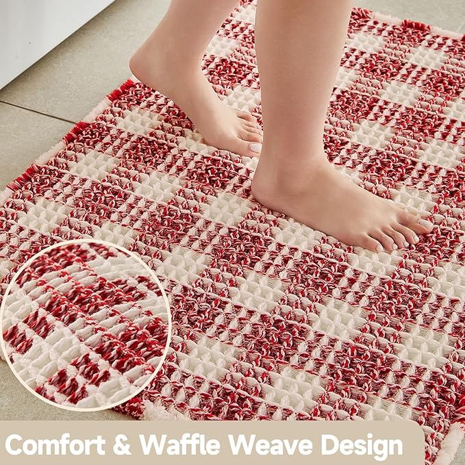 Waffle Bath Mat, Boho Bathroom Rugs Non Slip Washable Absorbent Checkered Bathroom Mat Quick Dry Cute Bath Mat, 36"x24" Red and White
