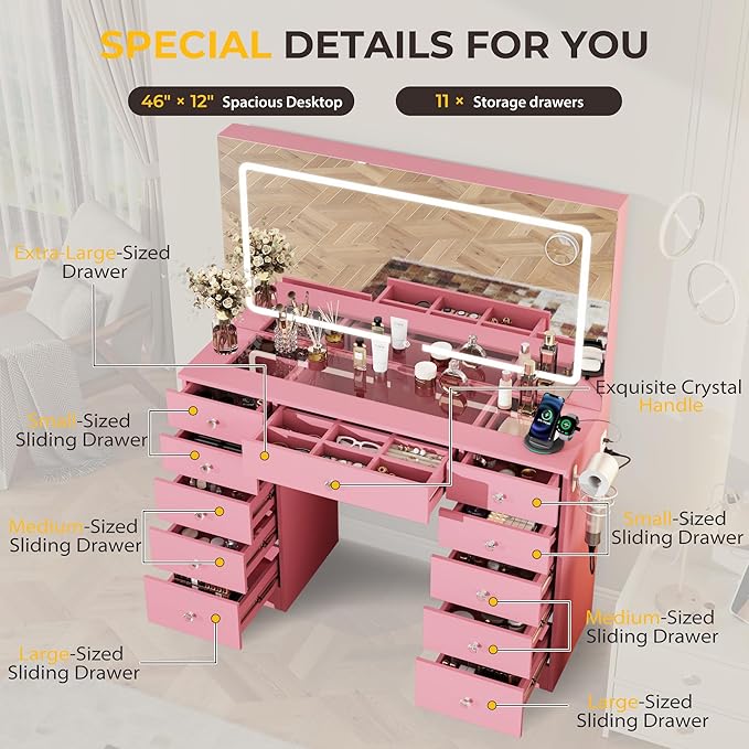 Vanity Desk with Mirror and Lights, 11 Drawers Makeup Vanity Desk with Tempered Glass top, 3 Lighting Modes Adjustable Brightness, Pink Vanity with Magnetic 5X Magnifier for Bedroom