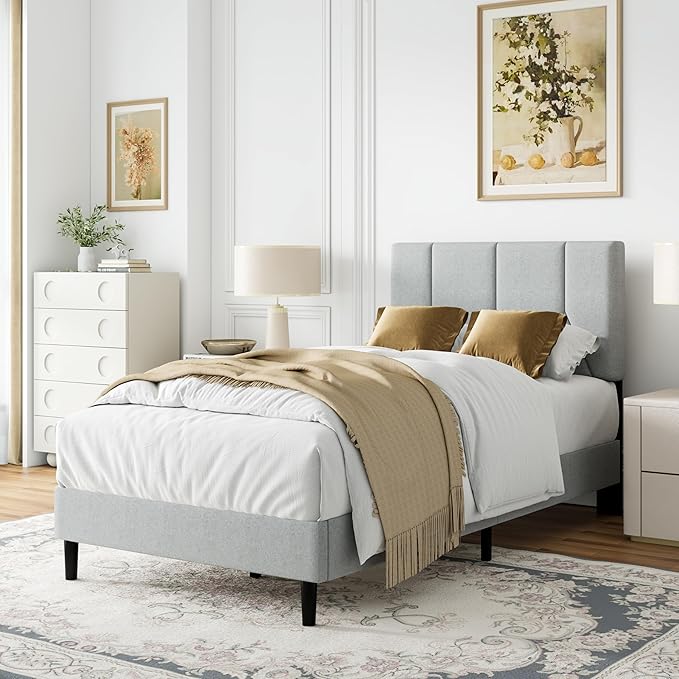 Twin Size Bed Frame, Platform Bed Frame with Velvet Upholstered Headboard, Twin Upholstered Mattress Foundation with Strong Wooden Slats, No Box Spring Needed, Noise Free, Easy Assembly